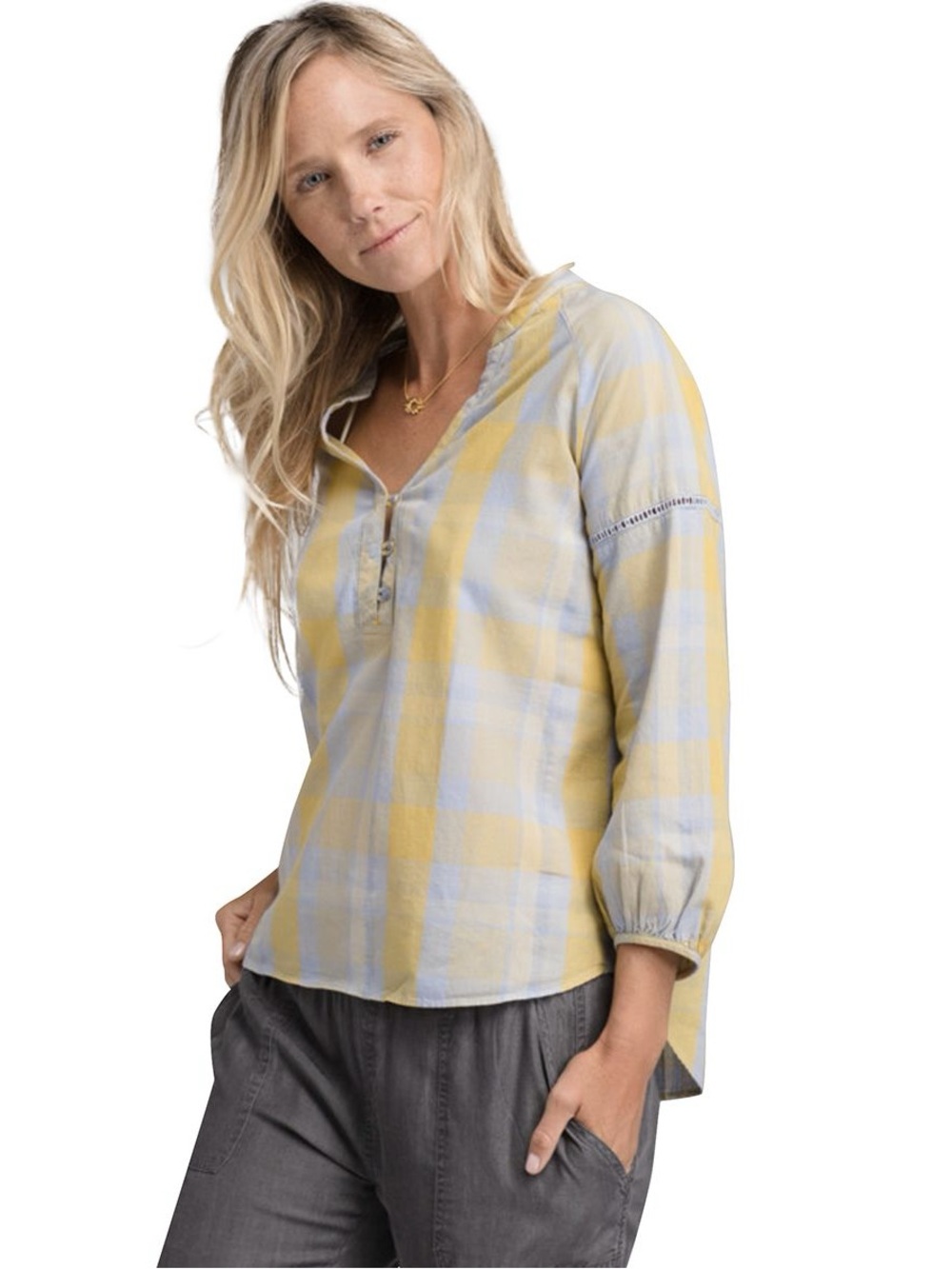 Prana. Elena Top. Yellow & Blue Plaid. Size Medium.